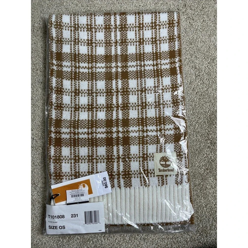 NWT $60 Timberland‎ Unisex Buffalo Plaid Scarf Beige Acrylic One Size